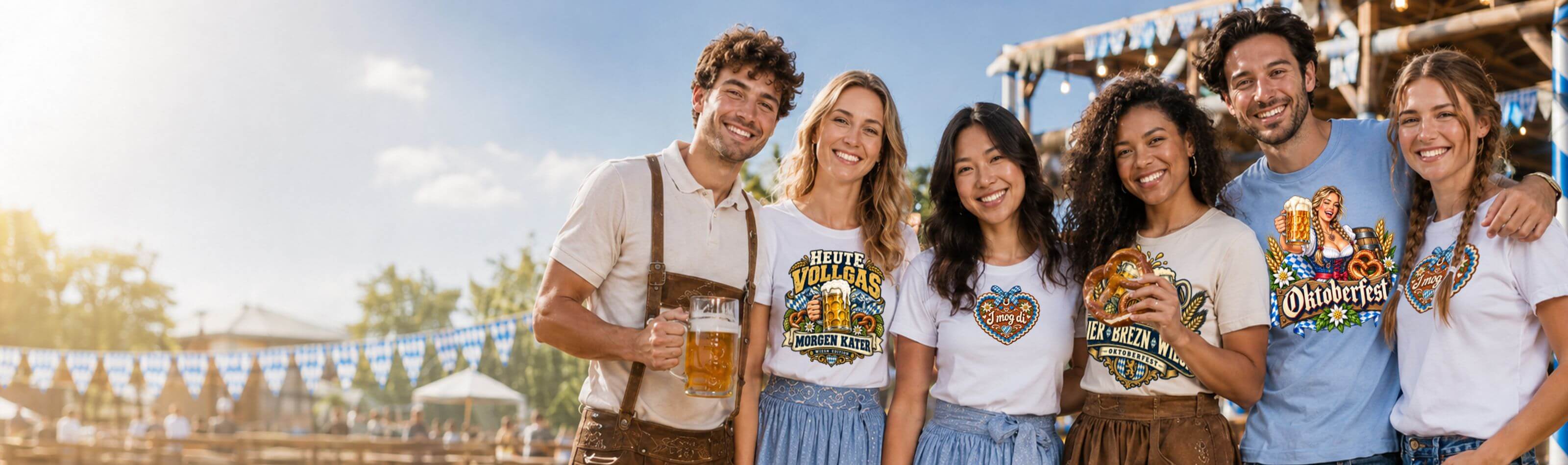 Gruppe mit individuell bedruckten Oktoberfest T-Shirts und bayerischen Motiven auf einem Oktoberfest.