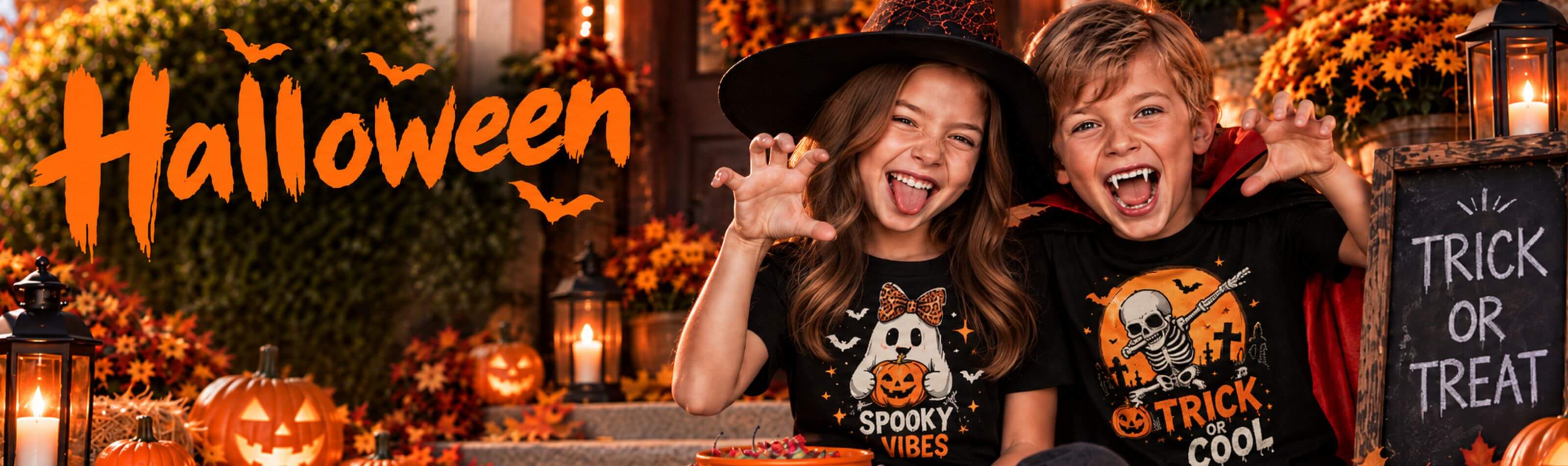 Kinder mit individuell bedruckten Halloween T-Shirts und gruseligen Halloween-Motiven.