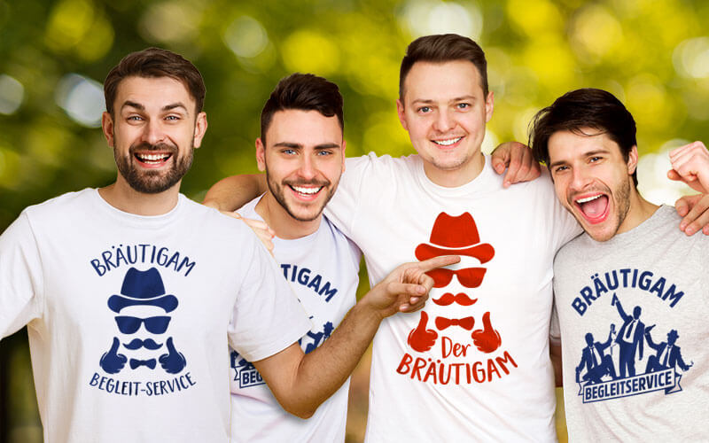 Freunde in JGA-Outfits wie "Team Bräutigam" – JGA Shirts für Männer bedrucken