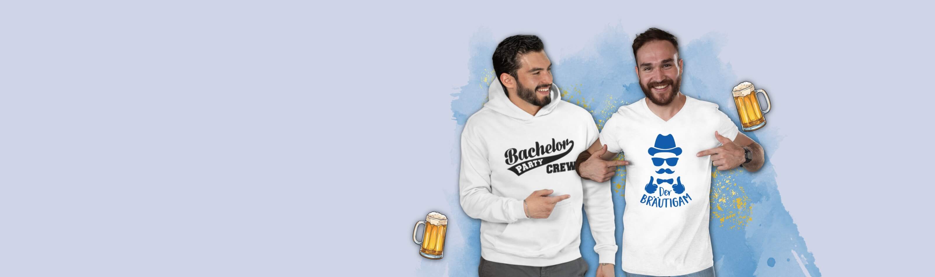 Männer stoßen mit Bier an in JGA Hoodies und Shirts