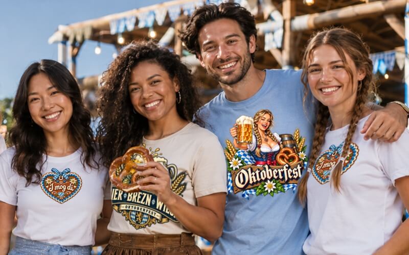 Gruppe mit individuell bedruckten Oktoberfest T-Shirts und bayerischen Motiven auf einem Oktoberfest.