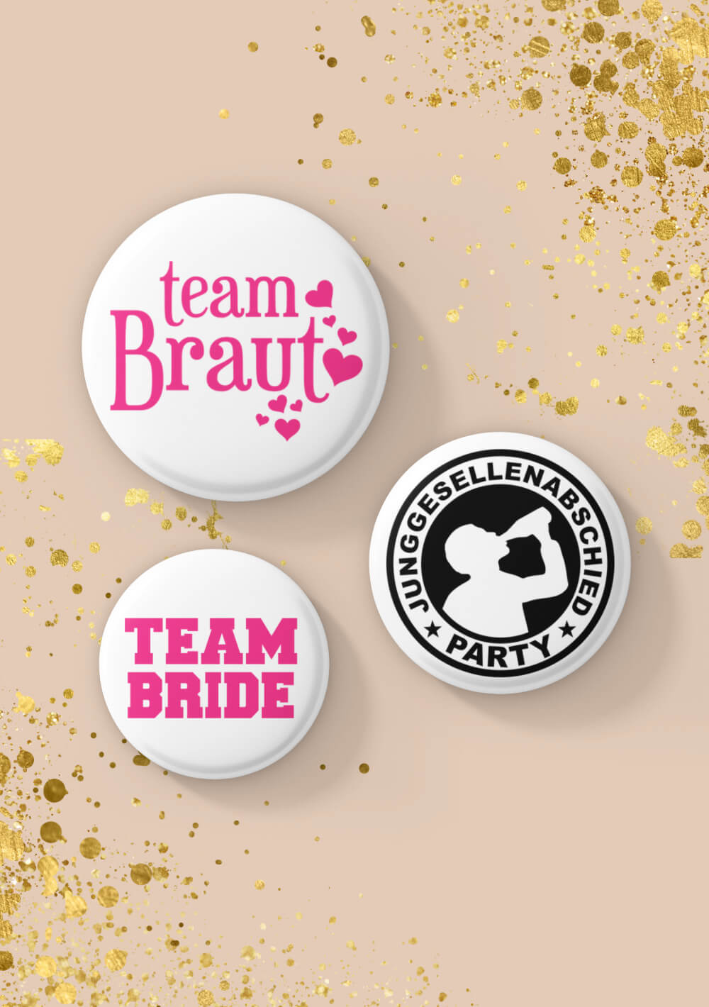 Personalisierte JGA Buttons "Team Braut" und "Team Bride" – Anstecker für die JGA-Gruppe gestalten