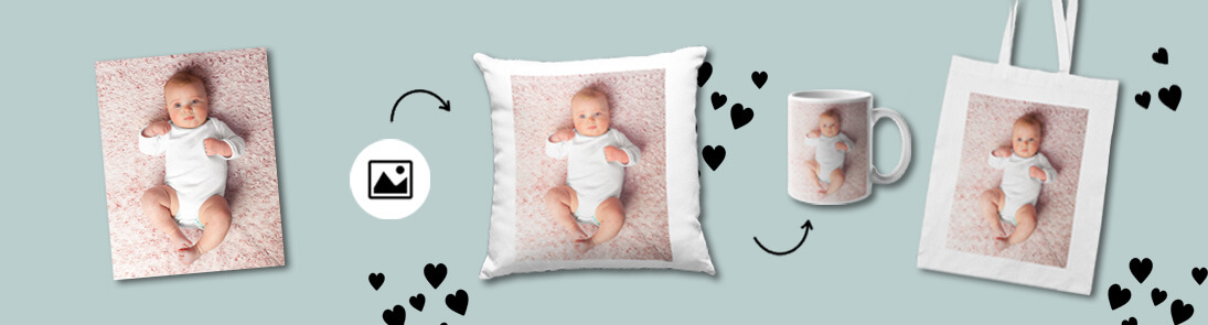 Fotogeschenke gestalten: Babyfoto auf Kissen und Tassen drucken