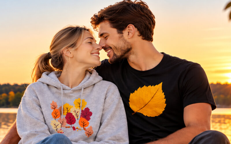 Paar mit individuell bedrucktem T-Shirt und Hoodie
