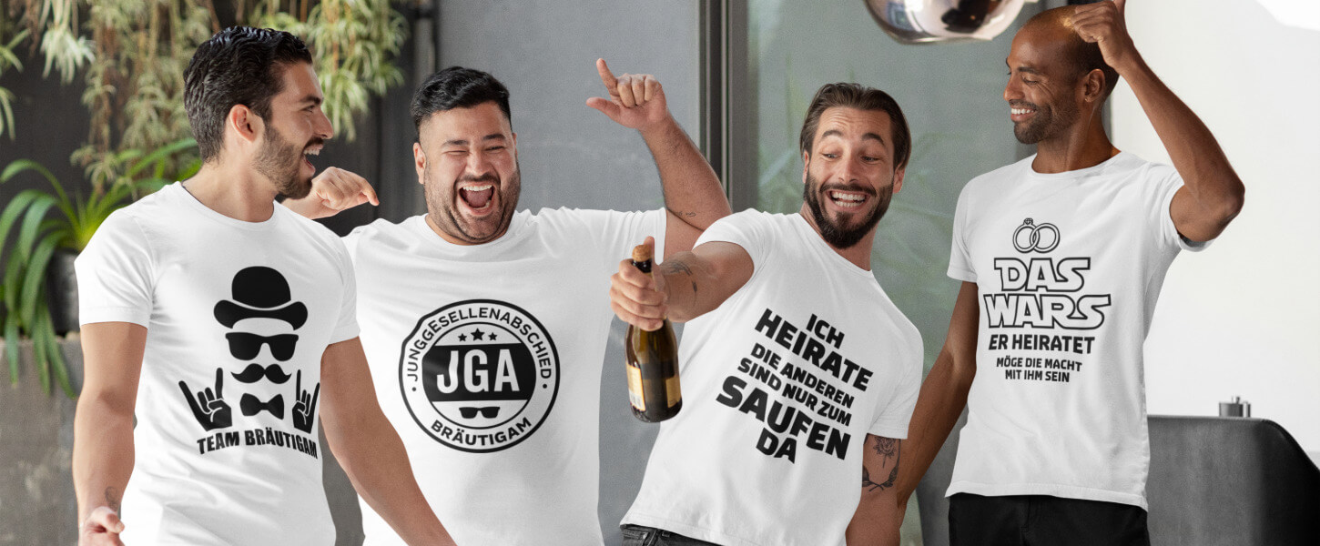 Freunde in JGA-Outfits wie "Team Bräutigam" – JGA Shirts für Männer bedrucken