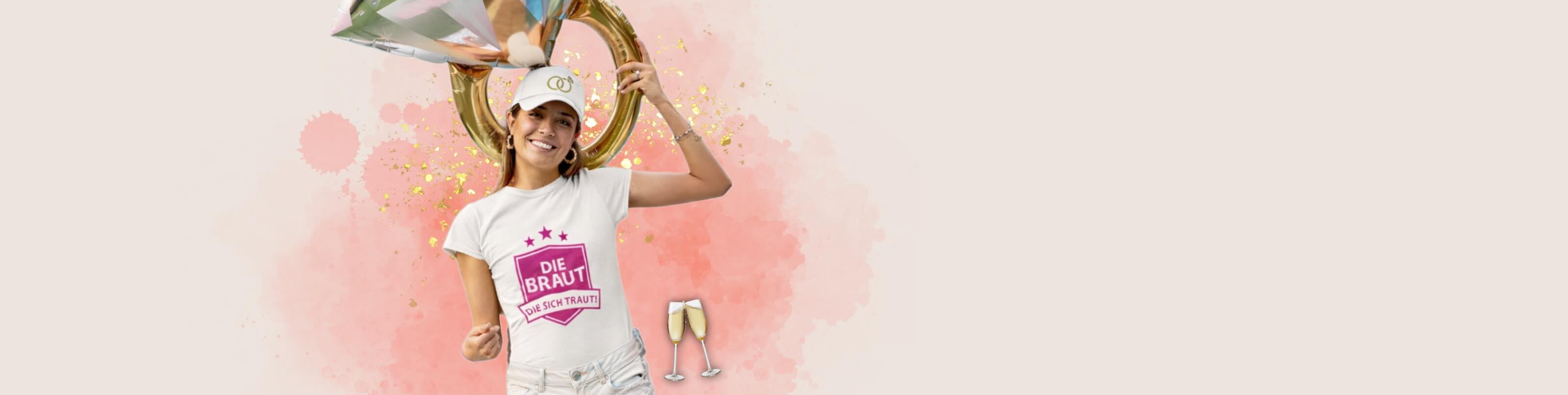 Zwei Frauen feiern JGA mit Sekt und 'Team Braut' T-Shirts