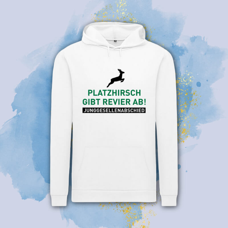 Weißer Hoodie mit JGA-Motiv – Pullover für den Junggesellenabschied bedrucken