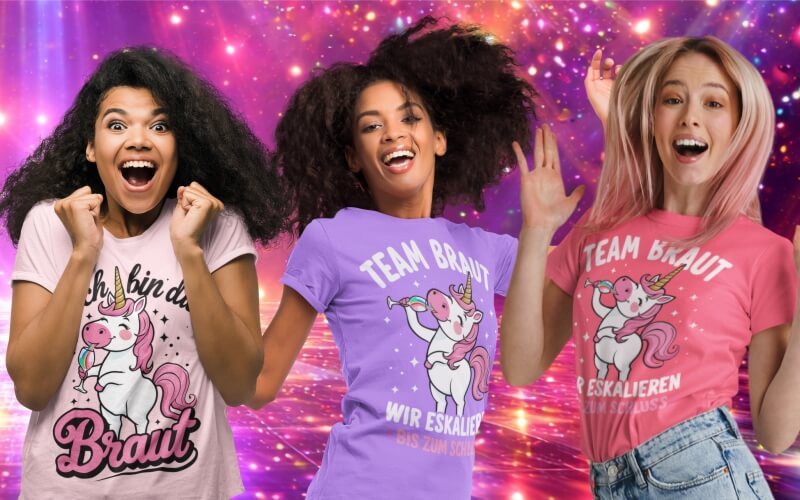 Freudinnen in JGA-Outfits wie "Team Braut" – JGA Shirts für Frauen bedrucken