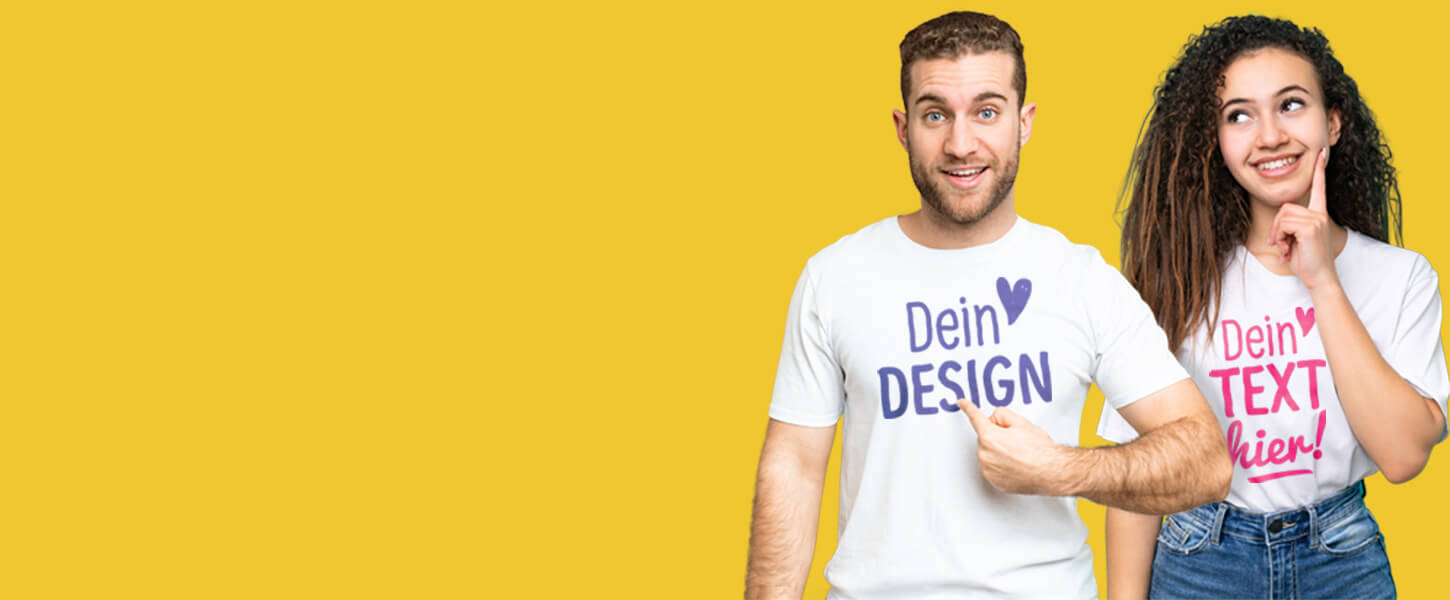 Mann und Frau mit individuell gestalteten T-Shirts und eigenem Aufdruck.