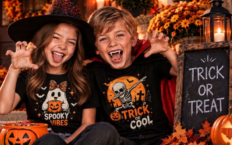 Kinder mit individuell bedruckten Halloween T-Shirts und gruseligen Halloween-Motiven.